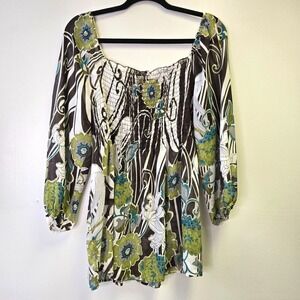 Retro Whimsigoth Y2K Peasant Green Brown‎ Floral Smocked Blouse Top Medium M